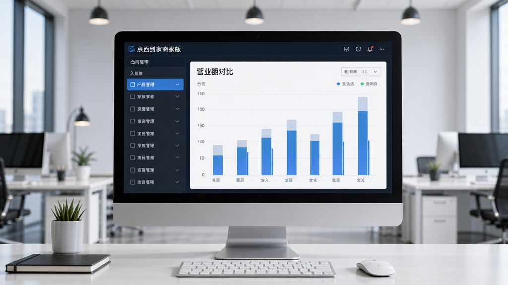 主体为电脑屏幕显示京西到家商家版多门店管理后台,左侧有门店列表,右侧展示各分店营业额对比柱状图,背景为现代办公室,布局对称,排版清晰,风格商务科技感,细节丰富,画质高清,干净,无多余元素