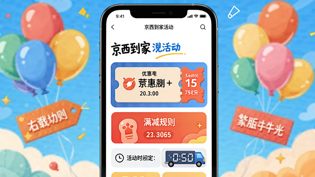 主体为手机屏幕显示京西到家商家版营销活动创建页面,包含优惠券样式、满减规则、活动时间设定,背景有彩色气球和促销标签,布局明快,排版活泼,风格插画风,细节丰富,画质高清,干净,无多余元素