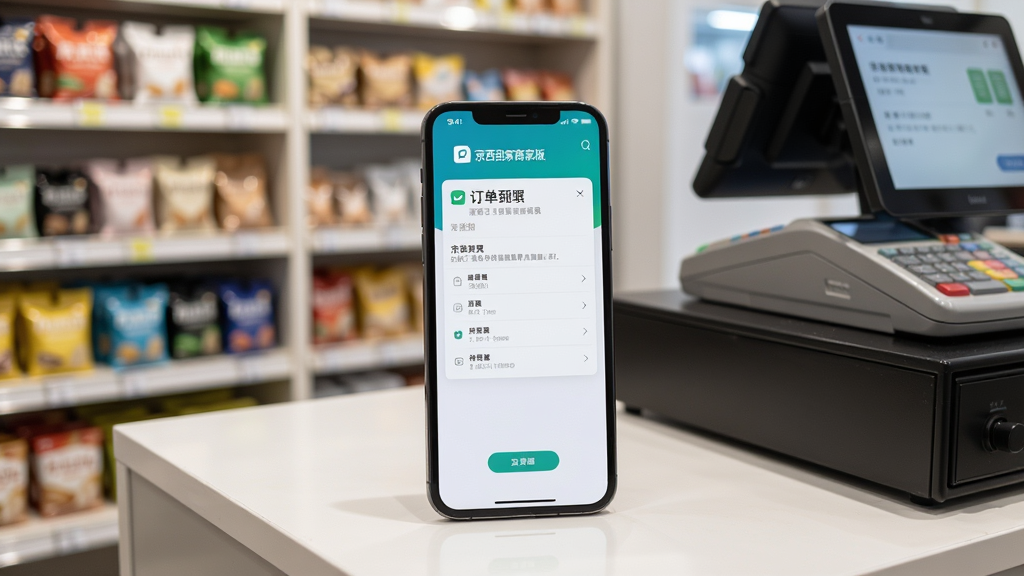 主体为一部手机放在店铺收银台上,屏幕显示京西到家商家版订单通知,画面背景有商品货架和收银设备,布局自然,排版简洁,风格写实,细节真实,画质高清,干净,无多余元素
