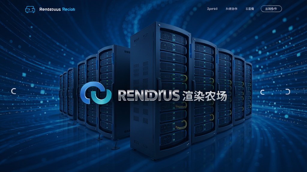 Renderbus渲染农场官网首页展示,画面中央是品牌Logo与高性能服务器集群,背景为流动的数字渲染光效,整体风格科技蓝为主,界面简洁明亮,突出云端协作与速度感,画质干净无多余元素