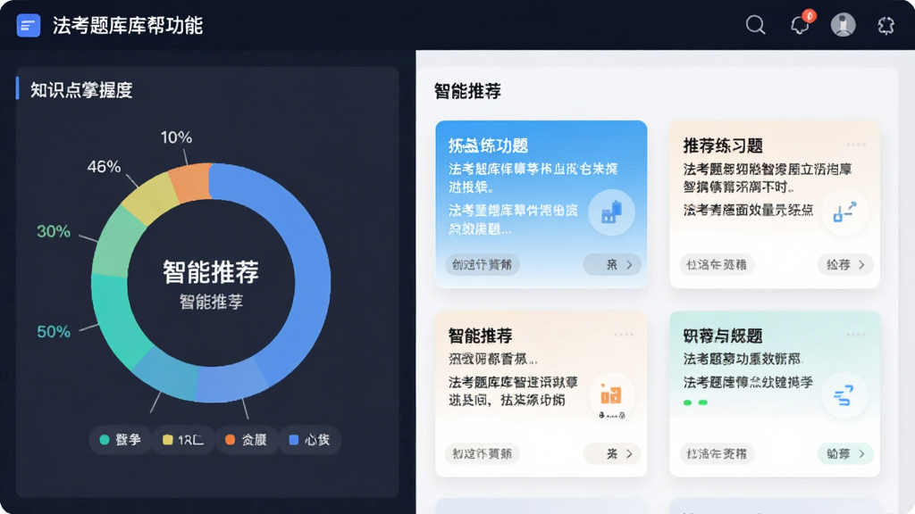 法考题库帮智能组卷功能界面,左侧为知识点掌握度环形图,右侧为推荐练习题卡片,配色清爽,数据可视化风格,文字标注“智能推荐”,画质干净