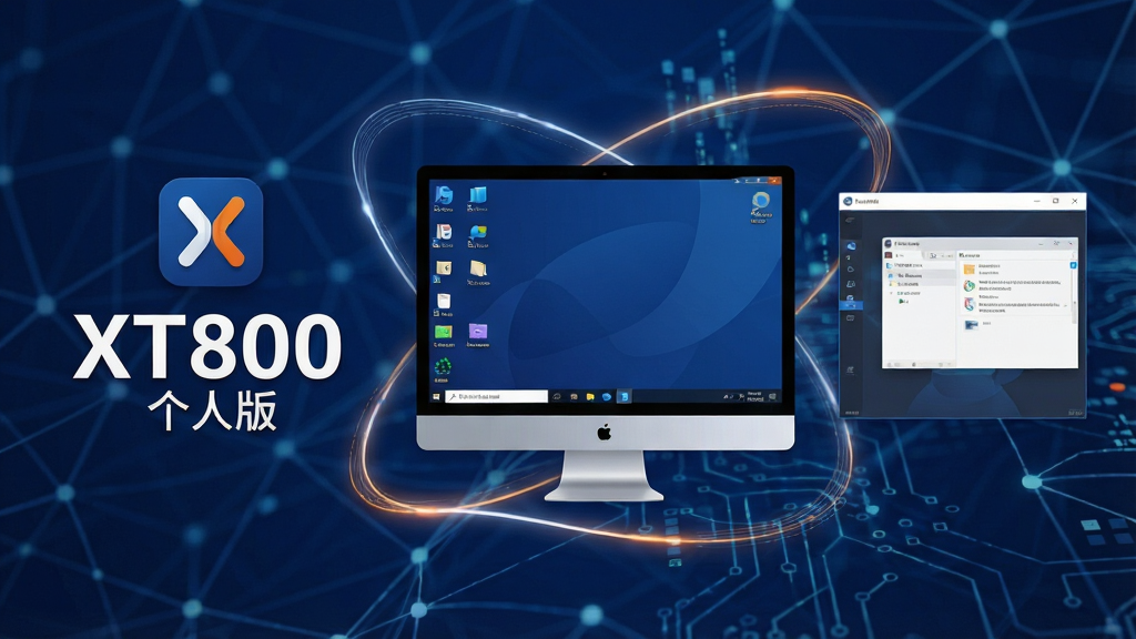 主视觉设计一张科技感十足的宽幅横幅图片,主体为“XT800 个人版”软件界面悬浮于抽象数字网络背景之上,布局以中央电脑屏幕为核心,四周环绕流畅的光效连接线,代表远程互联。排版采用左右均衡构图,左侧展示软件Logo与名称文字“XT800”,右侧为模拟远程桌面窗口。风格为现代扁平化结合微立体质感,主色调深蓝与白色,点缀橙色高亮。细节包括屏幕内的桌面图标、任务栏和连接状态指示,整体画质高清干净,无多余元素。