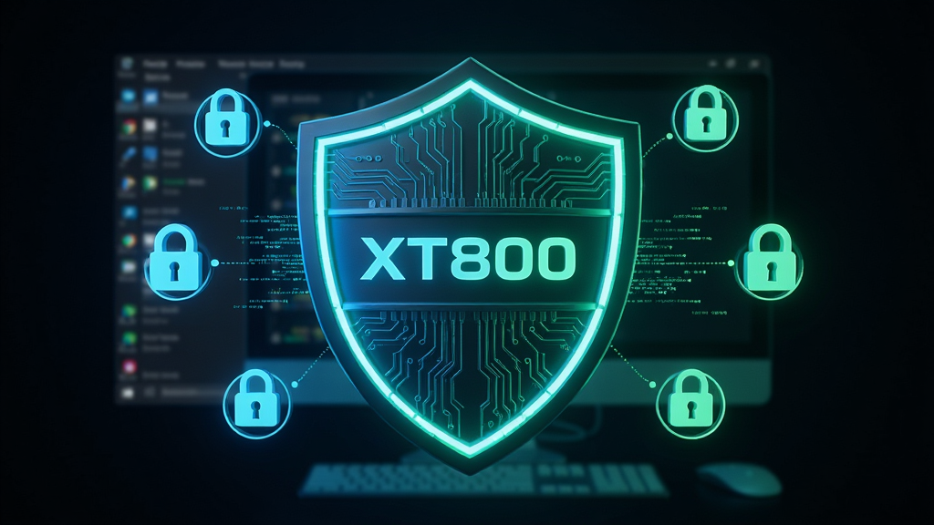 设计一张“XT800 个人版”安全防护概念图,主体为一个发光的数字盾牌,盾牌中央刻有“XT800”字样,盾牌后方是模糊处理的电脑桌面轮廓。布局采用居中对称,盾牌占据视觉焦点,周围环绕锁形与加密节点图标。风格为科技感十足的3D渲染风格,深色背景搭配蓝绿色霓虹光效。细节包括盾牌表面的电路纹理、微小的数据流线条,画质细腻干净,无多余元素。