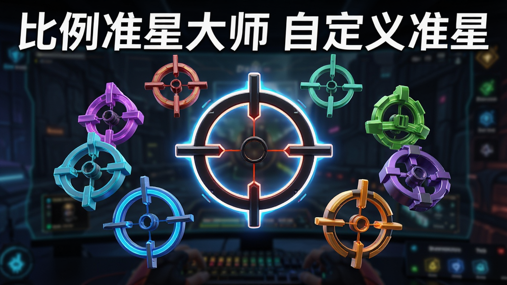 主体:多款不同颜色和形状的准星悬浮展示在游戏画面上方;布局:准星排列成环形,中间有一款被选中放大;排版:对比鲜明,层次清晰;风格:炫酷电竞风;细节:每款准星边缘锐利,颜色鲜艳,透明度不同;画质:高清,干净,无多余元素;图片中的文字(如有)为