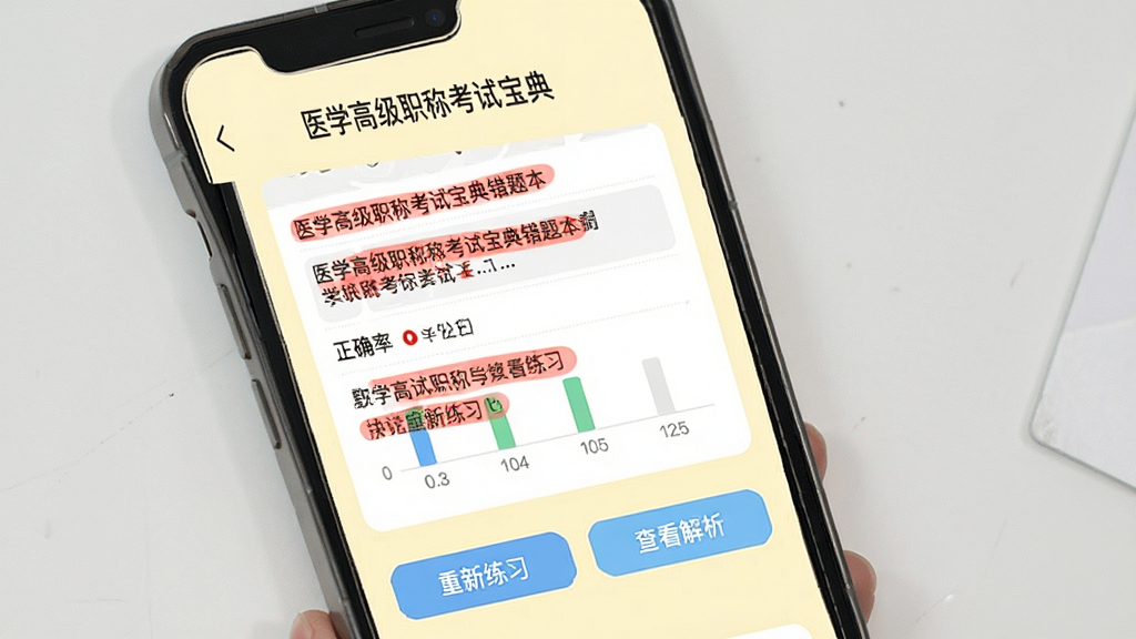 智能手机上展示医学高级职称考试宝典错题本界面,页面以红色标记错题,下方有“重新练习”和“查看解析”按钮,背景为淡黄色,布局简洁,风格清爽,细节有正确率统计图表,画质干净,无多余元素