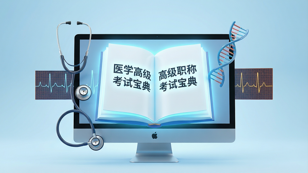 一幅现代医学教育场景的3D渲染图,主体是一本发光的电子书籍悬浮在电脑屏幕前,书页上清晰显示“医学高级职称考试宝典”字样,周围环绕着听诊器、DNA双螺旋、心电图波形等医学元素,背景为淡蓝色渐变,布局居中,排版简洁大气,风格写实结合科技感,细节丰富,画质高清干净,无多余元素