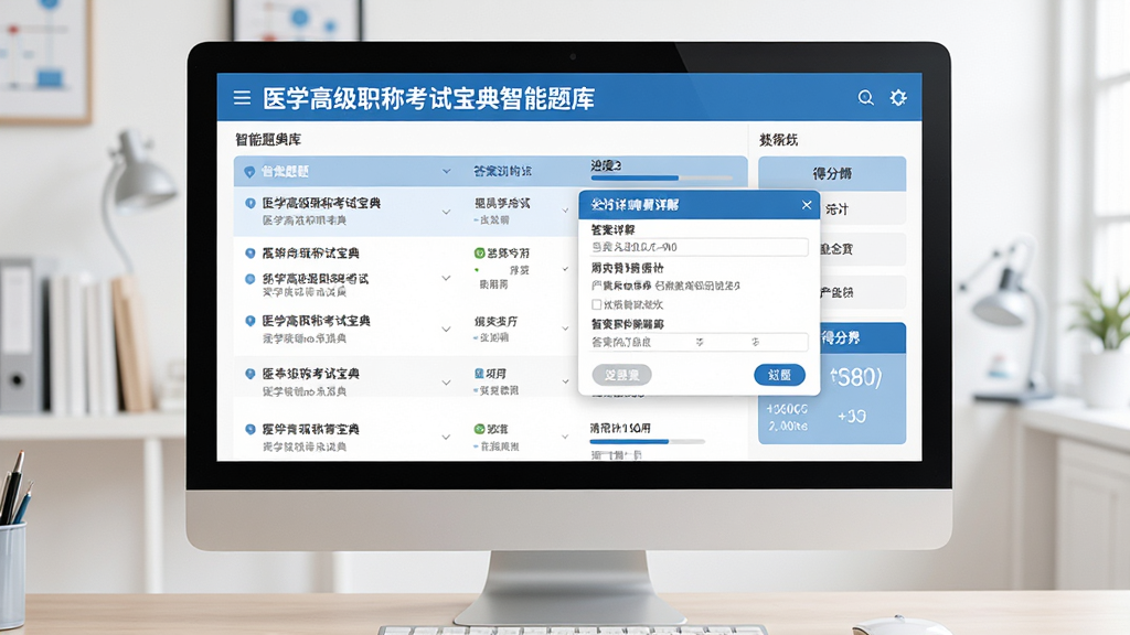 电脑屏幕前展示医学高级职称考试宝典智能题库界面,屏幕上有试题列表和答案详解弹窗,布局清晰,风格扁平化,色彩以蓝白为主,细节包含进度条和得分统计,画质干净,无多余元素