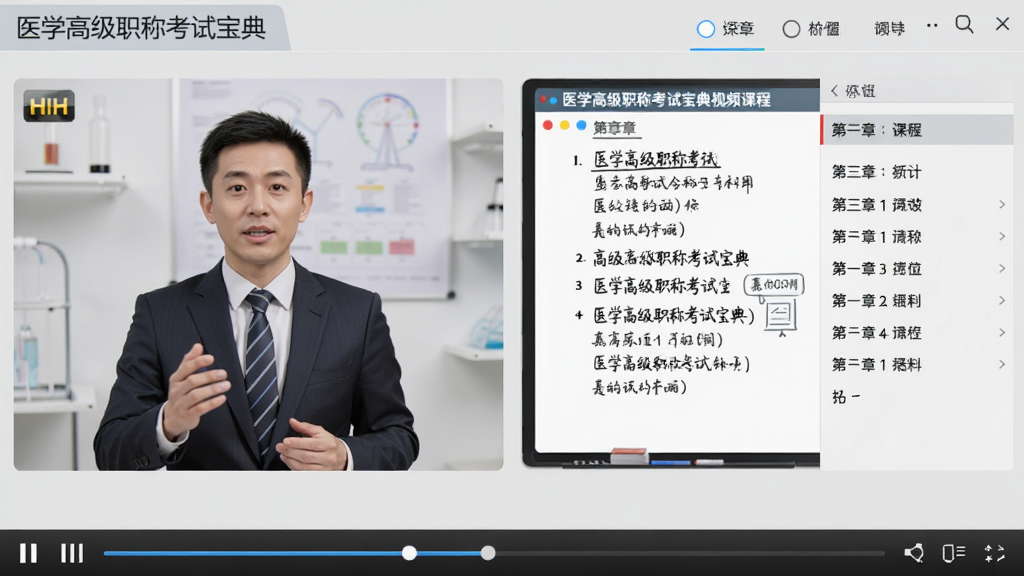 医学高级职称考试宝典视频课程播放页面,左侧是讲师讲解画面,右侧是电子板书,界面带有播放控制条和章节列表,布局规整,风格商务简洁,细节有高清画质标识,背景为浅灰色,干净无多余元素