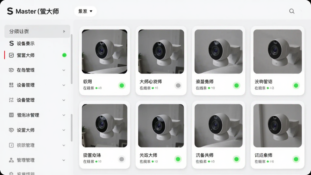 一张展示S Master(萤石大师)设备管理功能的界面截图,画面左侧是分组列表,右侧是设备卡片网格,每张卡片上有摄像头预览图、设备名称和在线状态指示灯,整体采用浅灰色背景,卡片圆角设计,文字清晰,画质干净,无多余元素