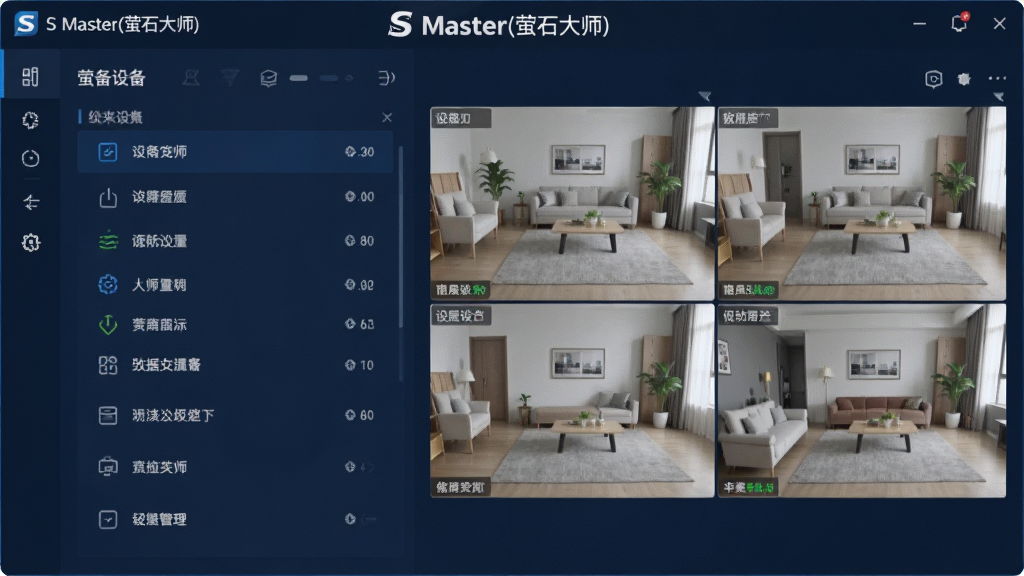 一张展示S Master(萤石大师)软件主界面的高清截图,画面中央是深蓝色调的控制面板,左侧为设备列表,右侧显示四宫格实时监控画面,顶部有白色