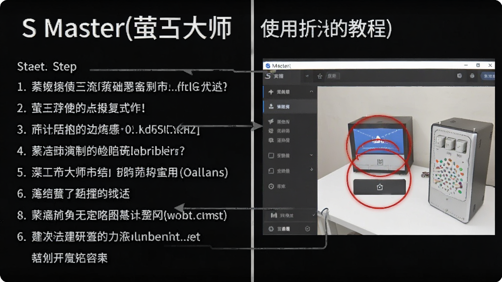一张展示S Master(萤石大师)使用教程的截图,画面分为左右两部分,左侧是文字步骤说明,右侧是软件界面截图,在关键按钮位置用红色圆圈标注,整体风格为教学示意图,画质清晰,无多余元素