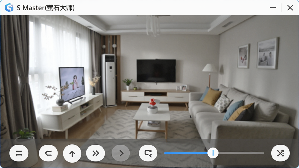 一张展示S Master(萤石大师)实时预览与云台控制功能的界面截图,主画面显示一个客厅场景的监控画面,画面下方有云台方向控制按钮和变焦滑块,界面顶部有