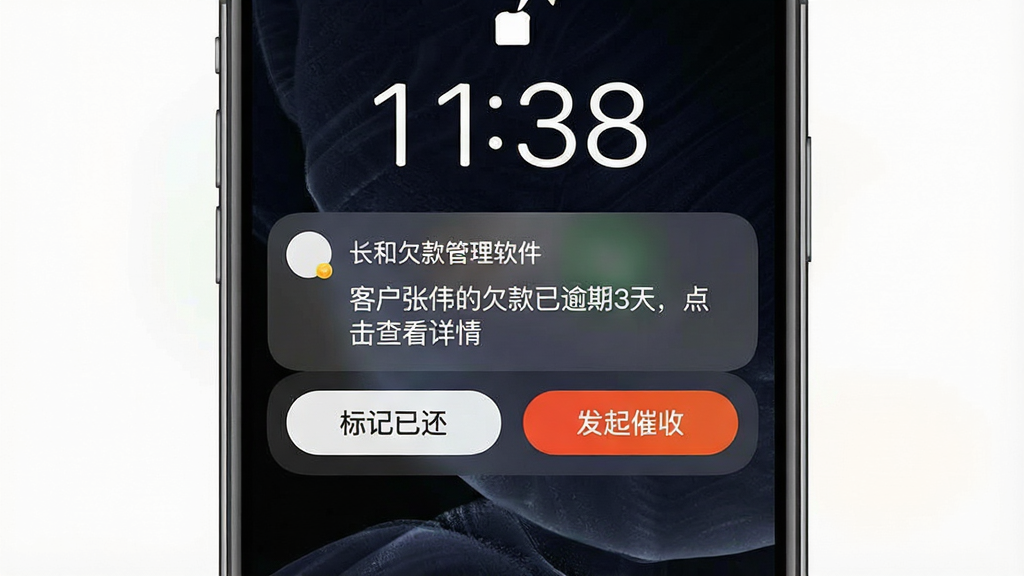 一张手机锁屏界面截图,屏幕中央显示一条来自长和欠款管理软件的通知横幅,上面写着“客户张伟的欠款已逾期3天,点击查看详情”,背景为深色抽象纹理,通知横幅采用圆角设计,下方有“标记已还”和“发起催收”两个快捷操作按钮,整体风格明亮清晰,画质干净,无多余元素。