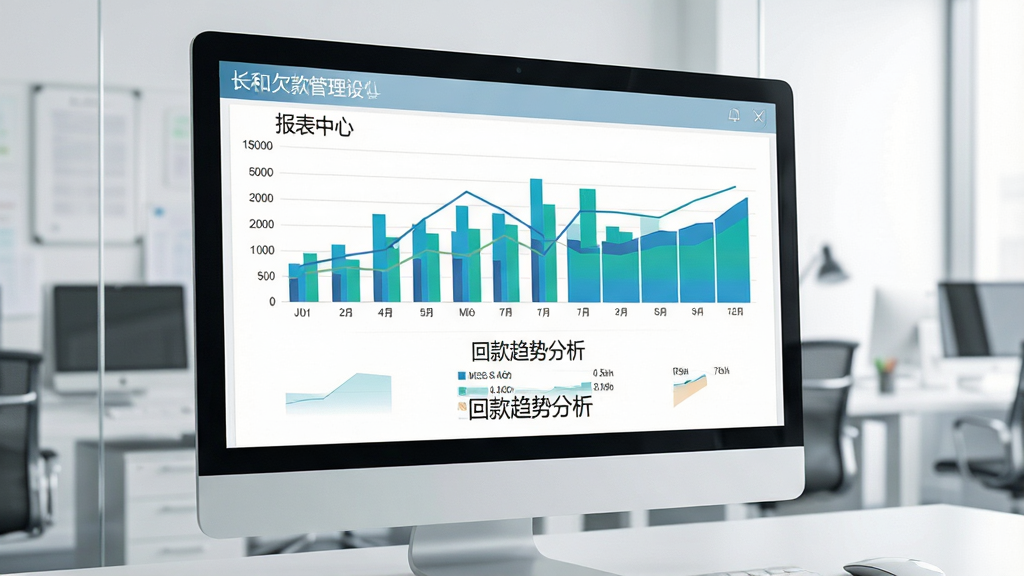 一张电脑屏幕展示长和欠款管理软件报表中心的照片,屏幕上显示彩色柱状图和折线图,图表下方有“回款趋势分析”字样,图表配色为蓝绿色系,背景为干净的办公室环境,屏幕占比大且聚焦清晰,整体风格商务专业,画质高清,无多余元素。