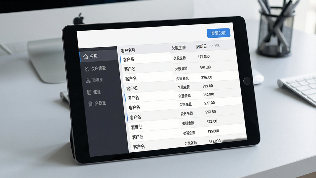 一张长和欠款管理软件在平板电脑上运行的预览图,屏幕中展示详细的欠款列表,每一行清晰显示客户名称、欠款金额和到期日,列表顶部有“新增欠款”蓝色按钮,界面采用左右分栏布局,左侧为功能导航,右侧为数据详情,背景为柔和的浅灰色办公室桌面,图片风格写实,画质高清,无多余物品。