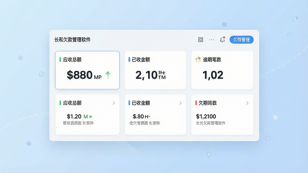 一幅展示长和欠款管理软件主界面的高清截图,画面中央是清晰的“欠款总览”仪表盘,包含应收总额、已收金额、逾期笔数等核心数据卡片,背景为淡蓝色渐变,界面布局采用卡片式设计,文字标签显示“长和欠款管理软件”,整体风格现代简洁,画质干净清晰,无多余元素。