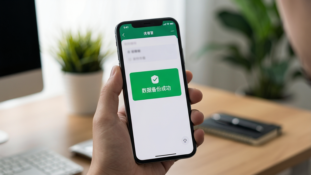 一张智能手机竖屏使用长和欠款管理软件的实拍图,屏幕显示“数据备份成功”的绿色提示框,手机握在用户手中,背景是模糊的办公桌和绿植,主光源柔和,细节清晰,整体风格生活化且真实,画质高清,无多余元素。