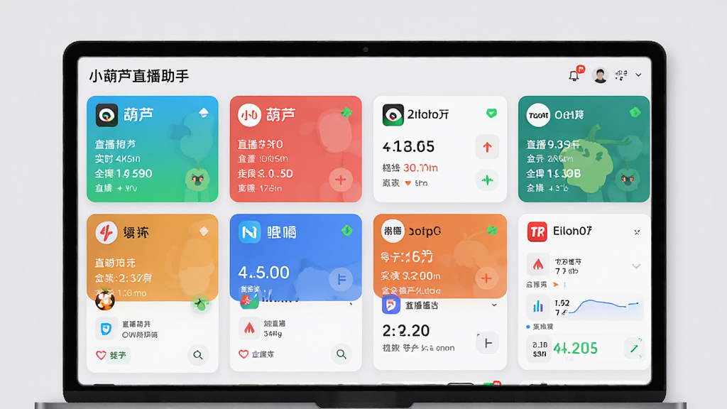 小葫芦直播助手多平台数据整合界面,屏幕上整齐排列各直播平台的数据卡片,每个卡片显示平台logo和实时数据,背景为浅灰色,扁平化设计风格,色彩明快,细节丰富,画质高清,干净无多余元素