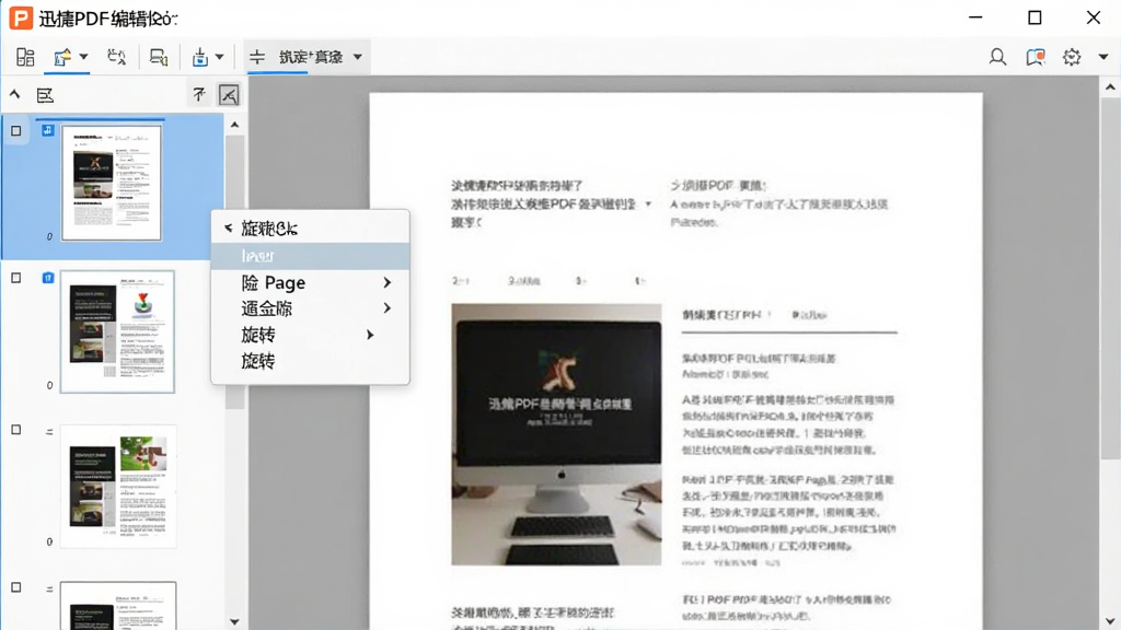 一张展示迅捷PDF编辑器页面管理功能的界面截图,左侧显示页面缩略图列表,其中一页被高亮选中,右键弹出菜单包含插入页面、删除页面、旋转页面等选项,主界面显示文档内容,画面清晰,突出页面管理功能,带软件名称标识,画质干净