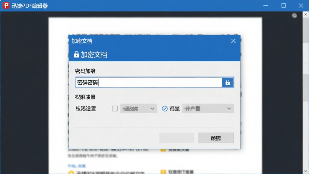 一张展示迅捷PDF编辑器安全保护功能的界面截图,界面显示“加密文档”对话框,有密码输入框和权限设置选项,背景为文档预览,整体画面简洁,突出安全加密功能,带“迅捷PDF编辑器”窗口标题,画质干净