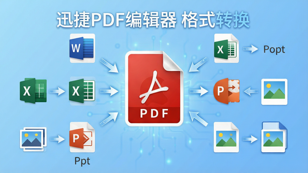 一张展示迅捷PDF编辑器格式转换功能的示意图,画面中央有一个PDF文件图标,周围环绕着Word、Excel、PPT、图片等多种格式图标,并有箭头连接,表示转换关系,背景为浅蓝色渐变,风格简洁科技感,文字标注“迅捷PDF编辑器 格式转换”,画质干净清晰