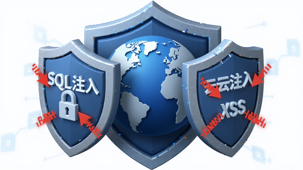 主体:一个地球图标,周围有“云锁”的WAF防护盾牌,盾牌上写着“SQL注入”“XSS”等字样被拦截。布局:地球位于中央,盾牌环绕四周,排版对称。风格:3D渲染,蓝灰配色,科技防护感。画质:高清,干净,无多余元素。