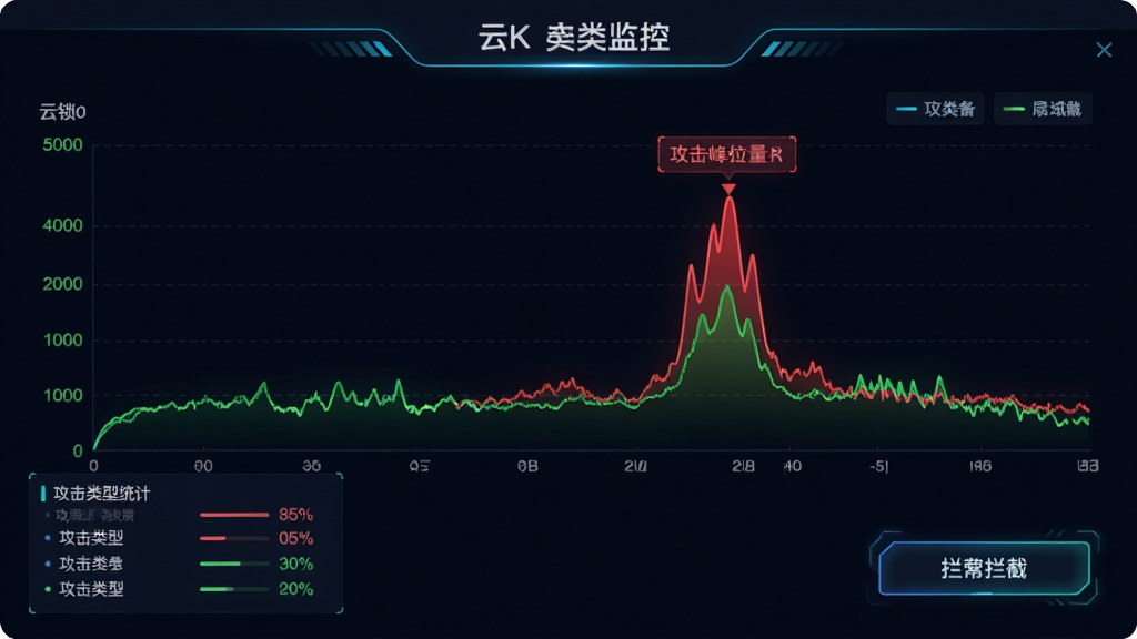 主体:一块大屏幕展示“云锁”的实时流量监控曲线图,图中红色标注攻击峰值,绿色为正常流量。布局:图表占据画面大部分,左下角有攻击类型统计列表,右下角有拦截按钮。风格:数据可视化风格,深色背景,霓虹色调,高对比度。画质:4K超清,干净,无多余元素。