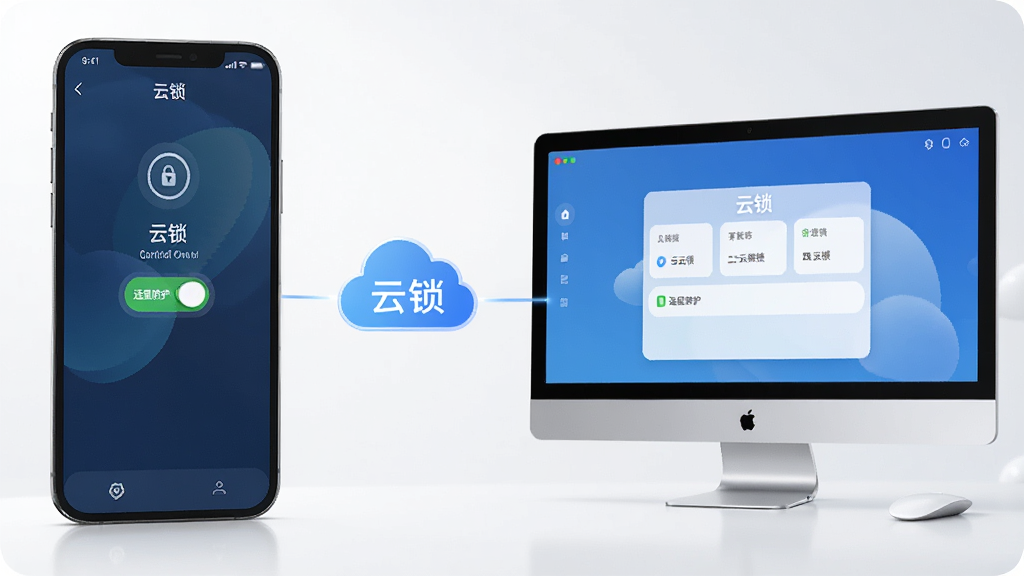 主体:一部手机和一台电脑并排,屏幕上均显示“云锁”的控制面板,手机屏幕上有“远程防护”开关。布局:手机在左,电脑在右,中间用云朵图标连接。风格:写实渲染,明亮背景,干净整洁。画质:高清,无多余元素。