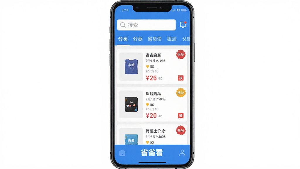 省省看软件主界面预览图,主体为手机屏幕展示购物比价界面,布局采用居中构图,上方显示搜索栏与分类标签,中部为商品卡片列表,底部导航栏突出“省省看”品牌标识,整体风格扁平化设计,配色以蓝白为主,细节包含价格标签与折扣徽章,画质高清干净,无多余元素