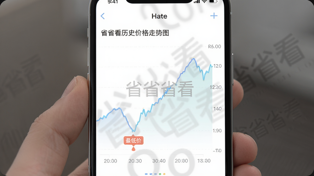省省看历史价格走势图,主体为手机界面显示折线图,横轴为日期,纵轴为价格,图中标出最低价点,布局居中,风格数据可视化,配色柔和,细节包含“省省看”水印,画质清晰,无多余元素