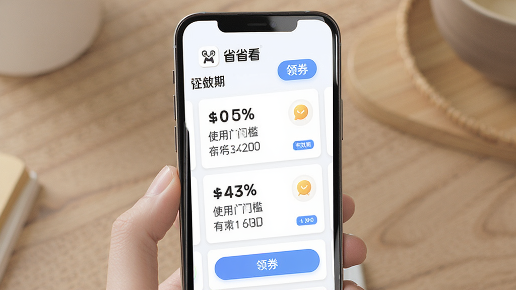 省省看隐藏优惠券功能界面,主体为手机屏幕展示优惠券列表,布局为卡片式排列,每张卡片显示券面金额、使用门槛与有效期,风格清新简约,突出“省省看”logo与“领券”按钮,画质高清,无多余元素