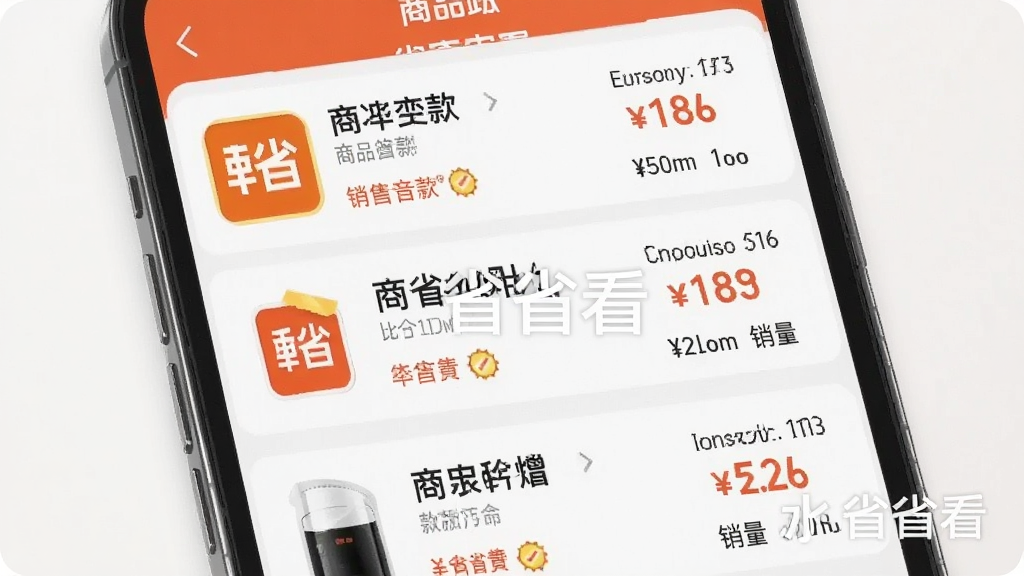 省省看全网比价功能展示图,主体为手机界面显示多个电商平台同款商品价格对比列表,布局为上下排列,每个平台条目包含店铺图标、商品名称、价格与销量数据,风格写实清晰,细节突出“省省看”品牌水印,画质干净,无多余元素