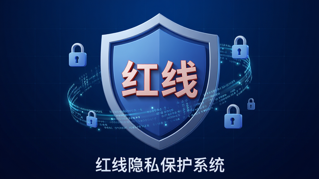 一幅现代科技感风格的3D渲染图片,主体为盾牌形状的软件图标,盾牌中央有“红线”二字,周围环绕着数据流和锁形符号。布局居中,背景为深蓝色渐变,搭配微弱的网格线。风格简洁大气,细节光影处理精致,画质高清干净,无多余元素,图片下方附有文字“红线隐私保护系统”。
