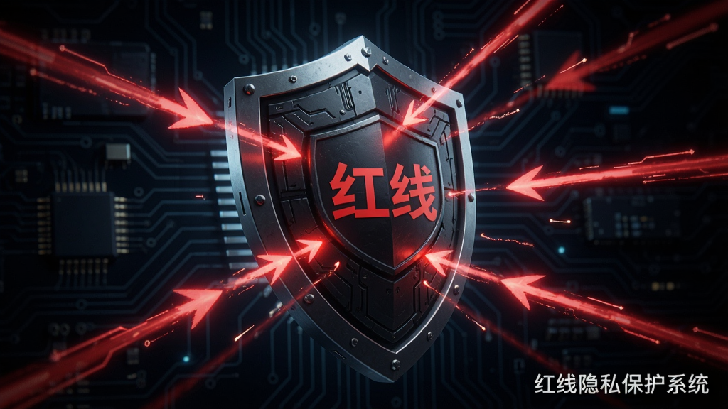 一张盾牌阻挡多条追踪线的概念图,盾牌表面有“红线”标志,从四周射来的红色箭头在盾牌前被弹开。布局以盾牌为中心,背景为深色科技电路板风格。风格具有未来感,细节丰富,光影对比强烈,画质干净,无多余元素,图片右下角有“红线隐私保护系统”字样。
