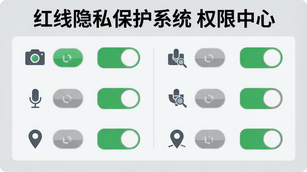 一个控制面板风格的界面插画,主体是多个权限开关的列表,每个开关旁有对应的图标(如摄像头、麦克风、位置)。布局规整,以浅灰色背景衬托,开关呈现开启与关闭的绿色和灰色状态。风格扁平化设计,色彩清晰明快,细节精确,画质高清,干净无多余元素,图片上方有“红线隐私保护系统 权限中心”文字。