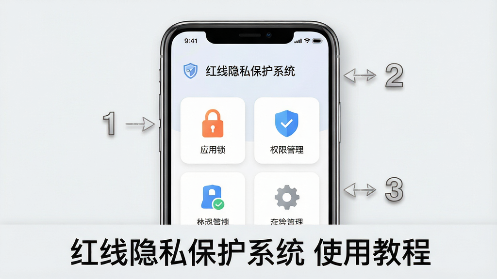 一张手机操作教程风格的示意图,主体为手机屏幕,屏幕中显示“红线隐私保护系统”的主界面,界面上有“应用锁”“权限管理”等图标。布局为手机居中放置,周围有步骤序号1-2-3。风格简洁写实,以浅色背景为主,细节清晰,画质干净,无多余元素,图片下方有文字“红线隐私保护系统 使用教程”。