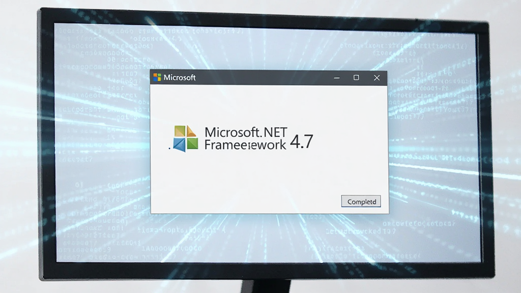 一张现代化科技感风格的电脑屏幕特写,屏幕中央显示“Microsoft .NET Framework 4.7”安装完成界面,周围环绕着蓝色的数字代码与光影特效,整体画面干净明亮,突出专业与可靠,画质清晰,无多余元素
