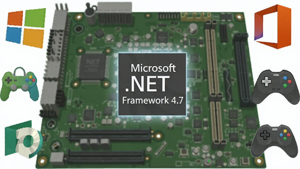 一幅电脑主板与多个软件图标相互融合的创意插画,主板中央发光显示“Microsoft .NET Framework 4.7”字样,四周环绕Windows、Office、游戏手柄等图标,风格简洁现代,色彩明快,画质清晰,干净无多余元素