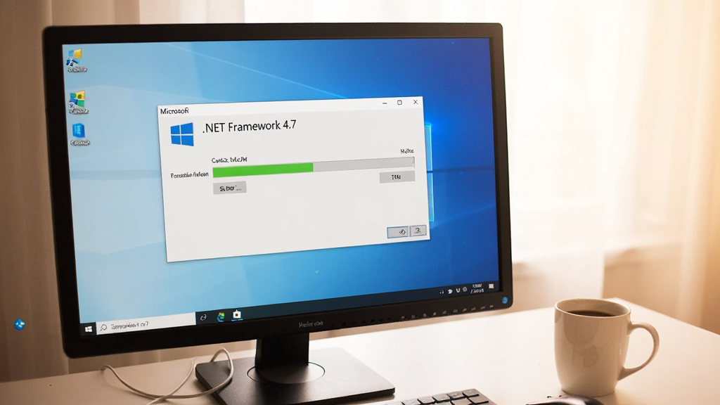一个用户正在Windows 10电脑上安装“Microsoft .NET Framework 4.7”,屏幕显示安装进度条,桌面干净整洁,旁边放着一杯咖啡,整体色调温暖明亮,采用写实摄影风格,画质清晰,无多余元素