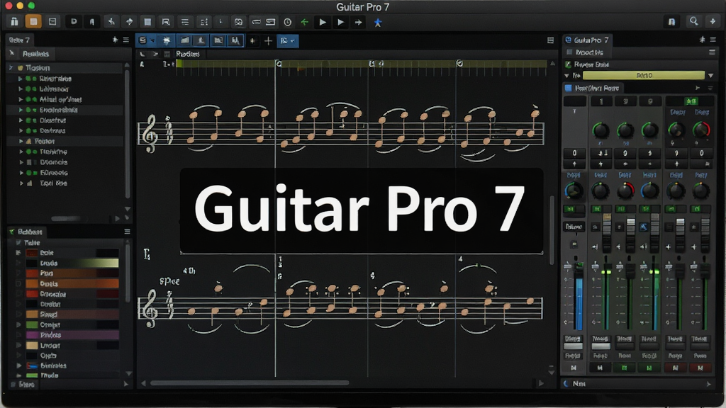 主体为Guitar Pro 7软件界面在电脑屏幕上的特写,界面清晰显示吉他六线谱编辑窗口和音轨控制面板,布局为左中右结构,左侧是乐器列表和音色库,中间是详细的乐谱编辑区,右侧是混音台和效果器插件区域,整体风格为深色专业DAW界面,细节包括音符符头、延音线、拍号标记,画质高清,干净无多余元素,画面中心文字“Guitar Pro 7”