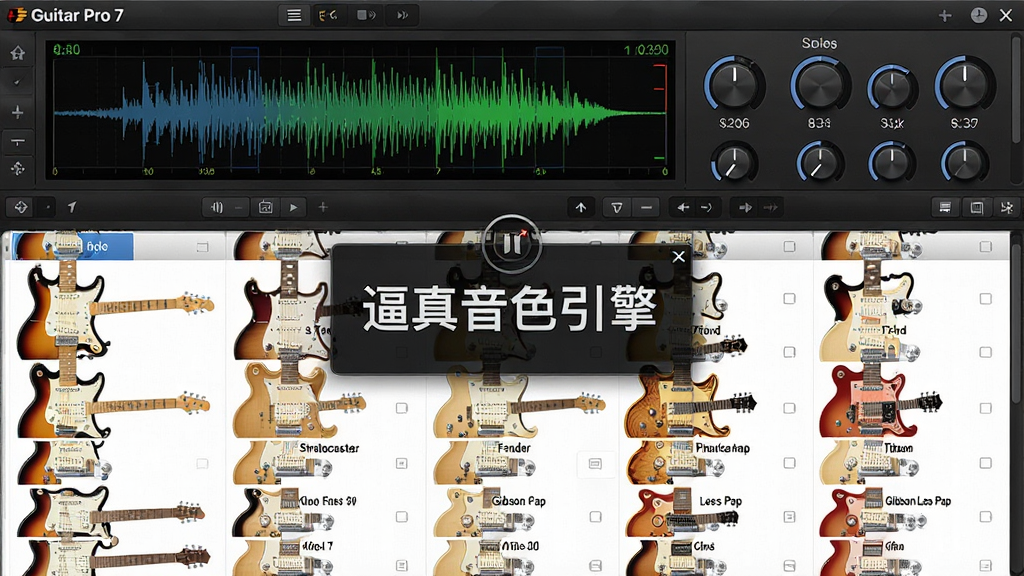 图像主体为Guitar Pro 7音色库选择界面,布局为上下结构,上方是波形显示和音色参数旋钮,下方是庞大的音色列表,风格为高清写实,细节展示多种吉他型号如Fender Stratocaster和Gibson Les Paul的音色名称,画质清晰,干净无冗余元素,画面中浮窗显示“逼真音色引擎”文字
