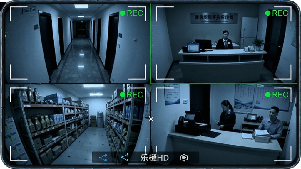主体为手机竖屏界面,屏幕被划分为四个等分监控画面,分别显示楼道、前台、仓库、收银台场景。布局采用2x2网格,每个画面右上角有绿色“REC”角标。风格为写实监控画面,色调偏冷,略带夜视效果。细节上画面边缘有轻微噪点,模拟真实监控质感,底部工具栏有“乐橙HD”水印,画质清晰干净。