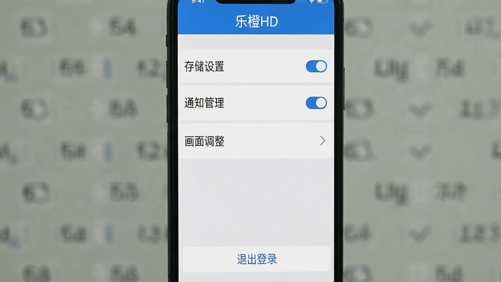 主体为手机截图风格图片,展示乐橙HD设置页面,页面中有“存储设置”、“通知管理”、“画面调整”等选项列表,背景为浅灰色。布局为列表式排版,每个选项右侧有开关或箭头。风格为极简扁平化UI,色彩以白色和蓝色为主,文字清晰。细节上顶部有“乐橙HD”字样,底部有“退出登录”按钮,画质干净无多余元素。