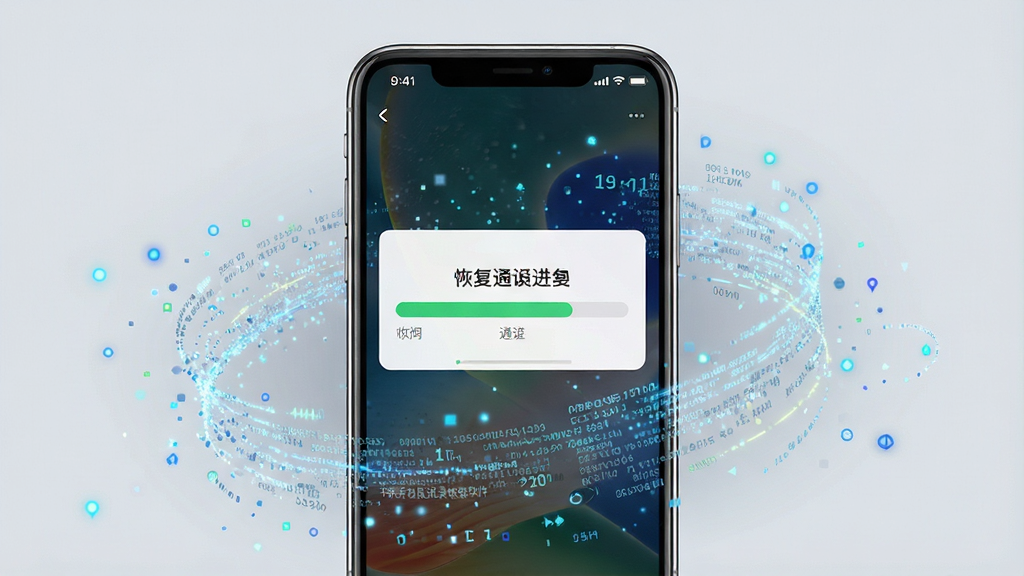 一张高清产品展示图,主体为一部iPhone手机屏幕显示通讯录恢复进度条,周围环绕数字粒子与数据流特效,布局居中,排版简洁,风格科技感强,细节包括软件名称“苹果手机通讯录恢复软件”字样,画质清晰干净无多余元素