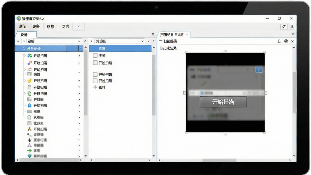 一张操作演示图,主体为电脑屏幕显示软件主界面,左侧为设备列表,右侧为扫描结果,布局清晰,排版规范,风格写实,细节包含“开始扫描”按钮,画质干净无多余元素