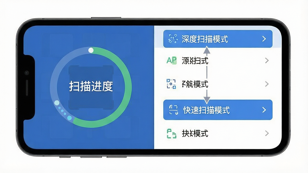 一张功能示意图,主体为手机屏幕内展示扫描进度圆环与数据列表,布局左右分栏,排版整齐,风格扁平化,细节标注“深度扫描模式”与“快速扫描模式”选项,画质清晰干净无多余元素
