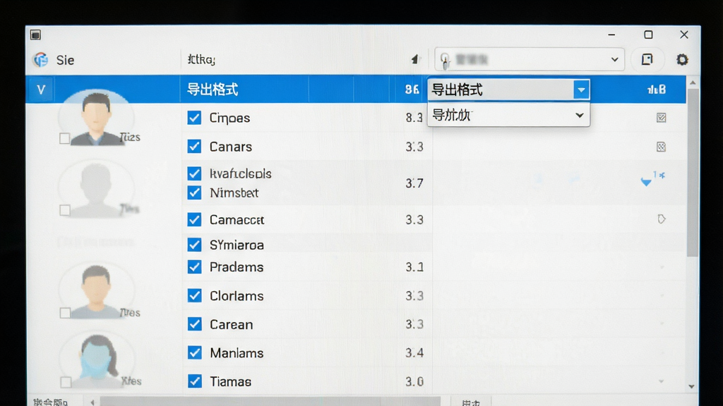 一张操作截图,主体为电脑屏幕显示通讯录列表,复选框已勾选部分联系人,布局居中,排版清晰,风格写实,细节包含“导出格式”下拉菜单,画质干净无多余元素