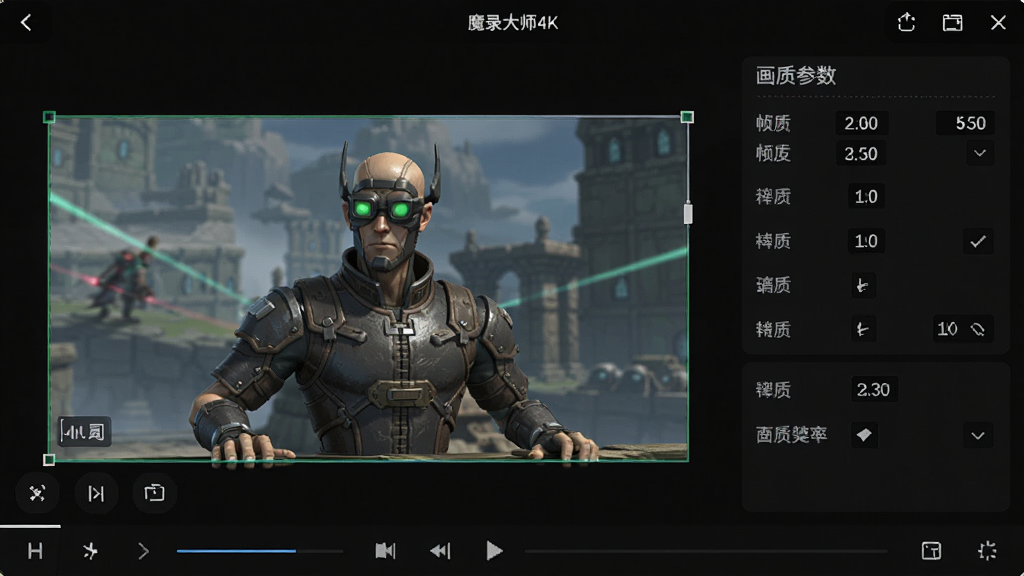 主体为魔录大师4K录制界面,布局为录制区域选中框与画质参数设置,排版规整,风格写实,细节包括帧率数值、分辨率选项,画质细腻,干净无多余元素。