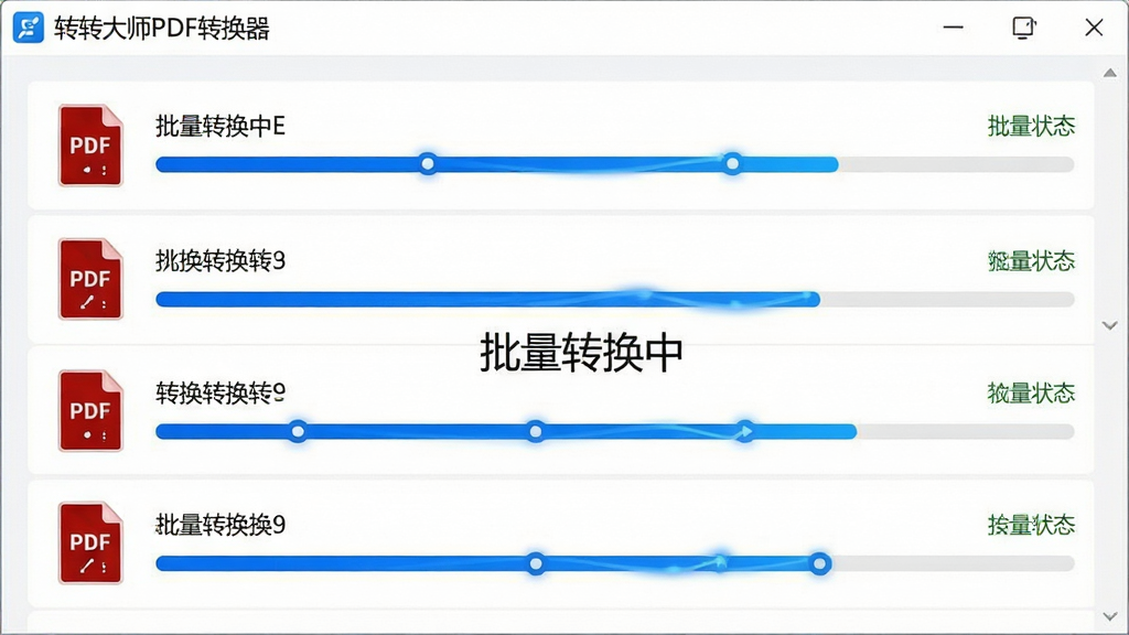 主体:转转大师PDF转换器批量处理界面,多个PDF文件同时转换;布局:列表式排列,每个文件显示转换进度条;排版:清晰直观,文件名和状态一目了然;风格:现代化UI,蓝色进度条搭配白色背景;细节:显示“批量转换中”字样,进度条动画流畅;画质:高清,干净,无多余元素,文字标注“转转大师PDF转换器”