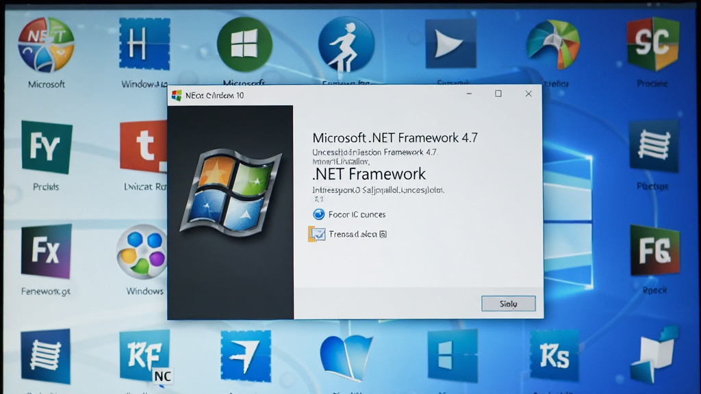 一台运行Windows 10的笔记本电脑屏幕特写,屏幕上清晰显示“Microsoft .NET Framework 4.7”安装成功的界面,周围环绕着各种软件图标,布局合理,风格现代,细节丰富,画质高清,干净无多余元素